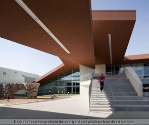 Deep roof overhangs shield the courtyard and windows from direct sunlight. (Photo credit: Bill Timmerman) Deep roof overhangs shield the courtyard and windows from direct sunlight. (Photo credit: Bill Timmerman)